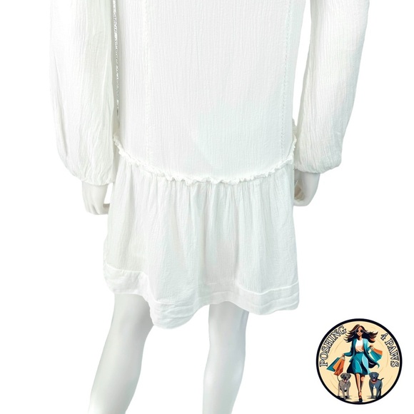 Pomander Place NEW White Gauze Beaded Long Puff Sleeve V-Neck Mini Dress Size S - Picture 7 of 10